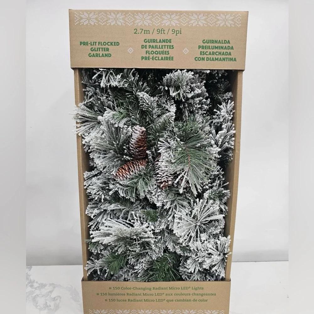 Pre-Lit Snow Flocked Glitter Garland 9ft Christmas Decor New